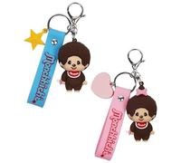Concept One Moncchichi Character Lanyard Keychain, 3D Figure Bag Charm with Lobster Clasp and Logo Strap, Accessory for Keys and Backpacks, Pink and Blue Brown Fur