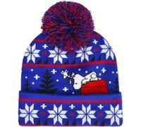 Concept One Peanuts Beanie Hat, Snoopy Red House Ugly Xmas Sweater Winter Knit Cap with Cuff and Pom, Blue, One Size, Blue, One Size
