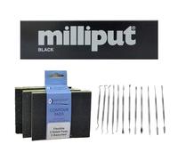 Concept4u Milliput Black Epoxy Putty 113g with 12 x Sculpting Tools Set & 3 x Assorted Contour Sanding Pads 2 Part Resin Filler Model for Sculpture, Slate, Modelling Plumbing Ceramic Repair Gutter