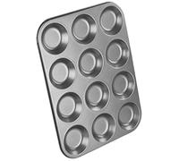 Concept4u Non-Stick 12 Cup Shallow Bun Tin Muffin Tray Heavy Duty Black Baking Tray for Cupcakes, Fairy Cakes & Yorkshire Puddings Durable Shallow Cake Pan Pack of 1