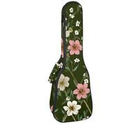 Concert Ukulele Case Ethnic White Pink Flowers on Olive Green Background Soft Thick Padded Ukulele Backpack 10MM Thick Sponge Padding