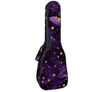 Concert Ukulele Case Magic Halloween Hat Witch Bats Stars Night Purple Background Soft Thick Padded Ukulele Backpack 10MM Thick Sponge Padding