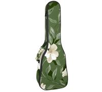 Concert Ukulele Case Sage Green Leaves White Floral Pattern Soft Thick Padded Ukulele Backpack 10MM Thick Sponge Padding