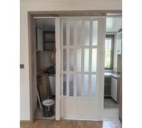 Concertina Door, PVC Folding Doors Internal White Oak Effect, Wardrobe Sliding Doors 100cm 150cm 180cm 200cm Wide, Plastic Accordion Louvre Barn Bedroom Door(100cmx210cm)