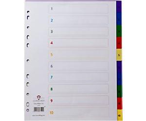 Concord 1 to 10 Numerical Dividers A4+ Assorted 10 Part PP (Polypropylene) 11 Holes Pack of 10