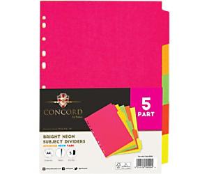 Concord Neon Blank Dividers A4 Assorted 5 Part 160 gsm Manila 11 Holes 5 Pieces