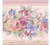 CONCORD WALLCOVERINGS Wallpaper Border Floral Pattern Roses Butterflies for Bedroom Living Room, Beige Pink Blue, 15 Feet by 7 Inches 29427