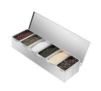 Condiment Caddy, 6 Compartment Condiment Holder with Flip Lid, Hotpot Pizza Topping Station, Stainless Steel Bar Condiment Holder, 46 x 15 x 9cm, for Home Restaurant, Silver
