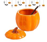 Condiment Jar with Lid | Halloween Pumpkin Lidded Salt Seasoning Jar - 400ml Ceramic Pot with Spoon, Soup Storage Bowl for Dish Serving Meal Prep Salad Dressing Tea Leaves