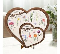 Condlin First Mom Now Grandma Customized Birth Month Flower Wooden Plaque with Stand Mothers Day Home Decor Gifts For Mom, Grandma