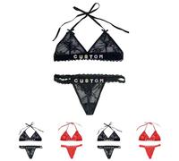 Condlin Personalized Thongs with Names Bra Set Custom Sexy Lace Thongs with Name Personalized Underwear Panties Lace Bikini Crystal Letters Bikini Sets G-strings Chain Thongs Set for Girlfriend Wife