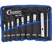 CONDOR Werkzeug 125 | Tubular Socket Spanner Set Double Tube Set Socket Spanner Set | 9 Pieces | SW 6 x 7 - 20 x 22 mm | Includes Tetron Roll Case and Double Socket Wrench Set with Chrome-Plated