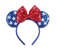 CONERY 4th of July Headbands for Women Men, Mouse Ears Headband with Sequin Bow Independence Day Blue Glitter Star Hairbands for Girls, Patriotic Party Decoration Costume Headwear Hair Accessories1Pcs