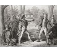 Confrontation between Tecumseh and William Harrison in August 1810. Tecumseh was demanding that the 1809 Treaty of Fort Wayne be rescinded. The treaty which Tecumseh did not recognize gave settlers in