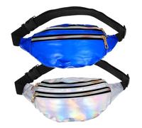 CONGARTENO 2 Pcs Holographic PU Leather Fanny Pack for Women Adjustable Belt Waist Bag Spacious Vintage Chest Sling Bag in Silver and Blue for Travel and Daily Use