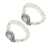 CONGARTENO 2pcs Elegant Heart-Shaped Quartz Watch with Double Row Faux Pearl Elastic Bracelet Stylish Square Dial Wristwatch for Women Bling Strap Accessory for Dress and Wedding Occasions