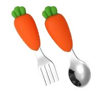 CONGARTENO 2pcs Spoon Fork Set Stainless Steel Silverware with Non Slip Silicone Handles Cartoon Carrot Design Utensils for Year Old Feeding The Go