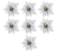 CONGARTENO Christmas Glitter Poinsettia Artificial Flowers 7Pcs Silver for Wedding Birthday Party and Festive Home Decor