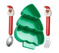 CONGARTENO Christmas Tree Shaped Meal Plate with Compartments and Fork Spoon Set Foodgrade Plastic Divided Tray for Holiday Candy Serving and Balanced Meals