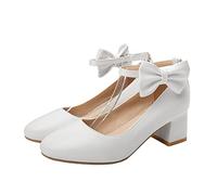 CONGARTENO Chunky Mid Heel Bowknot Shoes for Women Stylish Shallow Mouth Single Shoes with Elegant Buckle Strap Comfortable Daily Wear Footwear White