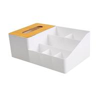 CONGARTENO Multifunctional Bamboo Wood Desktop Organizer with Tissue Box Holder and Remote Control Storage Large Capacity Divided Compartments for Living Office Dormitory and Bathroom Use