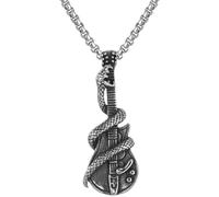 CONGARTENO Vintage Stainless Steel Men’S Guitar Pendant Necklace with Snake Design, Silver Tone Neck Chain for Male Music Lovers, Cool Rock Style Accessory for Everyday Wear