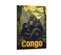 Congo Gorilla Retro Illustration Rainforest Family Animal Landscape Decorative Painting Canvas Wall Posters And Modern Family Bedroom Decor 20x30inch(50x75cm)