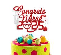 Congrats 2025 Nurse Cake Topper, Red and Silver Glitter Nursing Graduation Cake Pick for Medical Rn Theme 2025 Graduation Birthday Party Cake Decorations