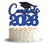 Congrats 2026 Cake Topper, Class of 2026 Cake Decorations, Congrats Grad Party Decor, Congratulations High School College University Graduation Party Decorations (Black and Blue)