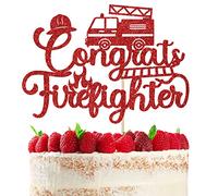 Congrats Firefighter Cake Topper, Congrats Grad Cake Decor, Future Firefighter, 2025 Fire Academy Department Graduation Party Decorations Supplies Red Glitter