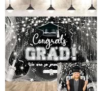 Congrats Grad Backdrop Black and Silver Graduation Backdrop Class of 2025 Graduation Party Decorations School Prom Party Banner Photo Studio Props (Silver, 7X5FT)
