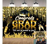 Congrats Grad Backdrop Black Golden Glitter Graduation Photography Background Graduation Celebration Prom Party Supplies Banner Photo Props (7x5FT（210x150cm）)