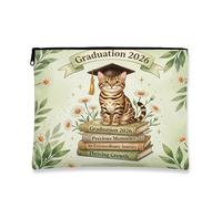Congrats Grad Bengal Cats Makeup Bag, Daisy Leaf Printed Cosmetic Travel Pouch for Women, Graduation Portable Small Canvas Zipper Organizer 7x9 Inch