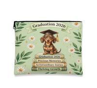 Congrats Grad Dachshund Dog Makeup Bag, Daisy Leaf Printed Cosmetic Travel Pouch for Women, Graduation Portable Small Canvas Zipper Organizer 7x9 Inch
