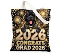 Congrats Grad Newfoundland Dog Canvas Tote Bag for Shopping 13 * 15, Fireworks Reusable Grocery Shoulder Cloth Bag for Women, Graduation Painting Gift Decoration
