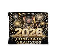 Congrats Grad Rat Mouse Makeup Bag, Fireworks Cosmetic Travel Pouch for Women, Portable Small Canvas Zipper Organizer, Graduation Toiletry Bag 7x9 Inch