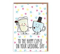 Congratulation Just Married - Congratulations On Your Wedding Card - Funny Pun 'To The Happy Cup-le' With Cute Cups Getting Married - For Him Her Happy Couple Newly Weds