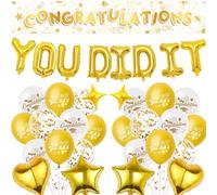 Congratulations Banner Graduation Party Decorations - Gold You Did It Balloons Well Done Decoration, Star Heart Foil and Latex Balloon for Retirement and Achievement Celebrations