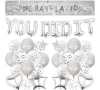 Congratulations Banner Graduation Party Decorations - Silver You Did It Balloons Well Done Decoration, Star Heart Foil and Latex Balloon for Retirement and Achievement Celebrations