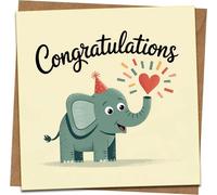 Congratulations Card - Cute Elephant Illustration, 145mm x 145mm, Blank Inside, Kraft Envelope - Graduation, New Job, New Baby, Engagement Celebration Greeting Card