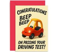 Congratulations Card For Passing Driving Test - Cartoon Toy Car Illustration - Humorous Congrats Card For Him Her - Blank Inside With Envelope