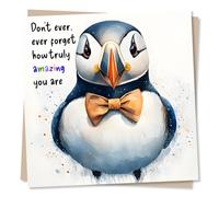 Congratulations Card, Good Luck, Well Done - Don't Ever Forget How Truly Amazing You Are - Puffin Watercolour Design - for Friend, Family, Partner - Made in UK
