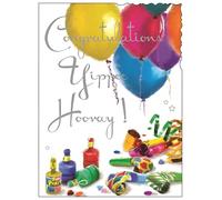 Congratulations Card - Special Finishes - Party Balloons Design - Illustrated Insert Leaf - Made in the UK