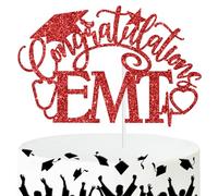 Congratulations EMT Cake Topper, Congrats Emergency Medical Technician Cake Decor, 2026 Nursing/Medical School Grad Graduation Party Decorations Supplies, Red Glitter