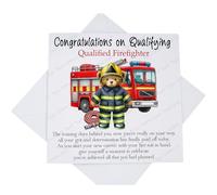 Congratulations on Qualifying Firefighter Card, Card for Newly Qualified Fireman Passing Out with Fire Engine Bear with Poem Verse