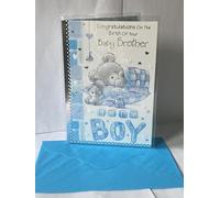 Congratulations On The Birth of Your Baby Brother New Baby Boy Born Card Grey Teddy/Check Blanket Foil Detail(PH37268B)