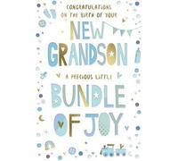 Congratulations on the Birth of Your New Grandson - A Precious Little Bundle of Joy Card - Blue & Gold Foil Baby Boy Greeting Card with Train and Toys