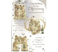 CONGRATULATIONS ON YOUR 1ST ANNIVERSARY CARD ***CUTE TEDDIES***PRELUDE***9 X 6 INCHES**