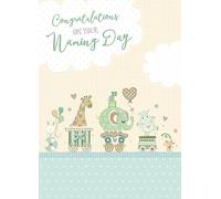 Congratulations on Your Naming Day Card, Pastel Green and Beige, Cute Animal Train Design, Baby Celebration Theme