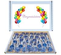 Congratulations Retro Sweet Hamper | Blue Heart Lollipop Box With 80 Blue Raspberry Heart Lollipops | Fun & Unique Sweet Gift for Graduation, Work Achievements or New Beginnings